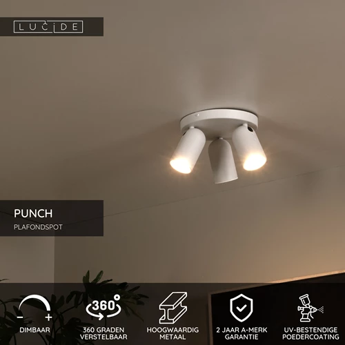 Lucide PUNCH - Plafondspot - Ø 21 cm - 3xGU10 - Wit - USP